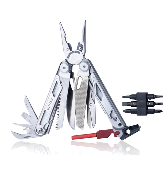 Multitool AZYMUT Giewon FS - Fire Starter - 19 narzędzi - krzesiwo + gwizdek + kabura do pasa (H2038A)